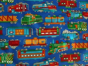 Cranston VIP Trains on royal Blue Cotton fabric 45" X 1 yd 22" [1 1/2 yds + 4"} - Picture 1 of 4