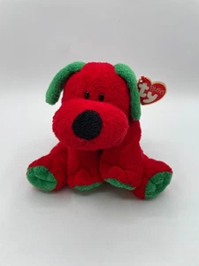 New Damaged Tag Ty Pluffies Jingles Red Green Dog 2006 9" Christmas Puppy Beanie - Picture 1 of 12