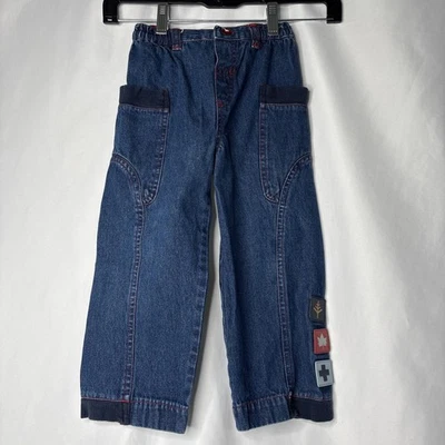 Pantalones de mezclilla azules vintage para niños jóvenes 3T con parches árbol, hoja de arce, cruz suiza Foto 1 de 4