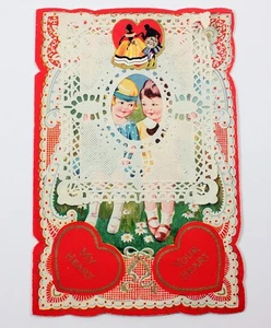 Vintage Valentine Card: 1920s-30s Paper Doily Children's Swing - Picture 1 of 8