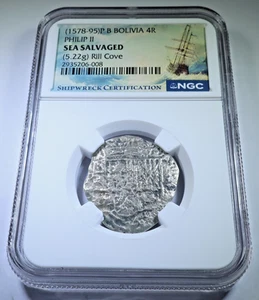NGC Rill Cove Shipwreck 1578-1595 Spanish Bolivia 4 Reales 1500s Pirate Cob Coin - Picture 1 of 2