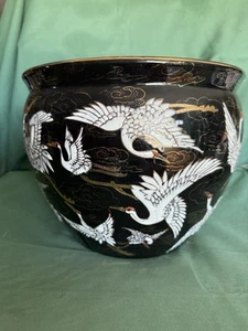 VTG Chinese Famille Noire Black (Crane) Fish Bowl Porelain Planter 9”1/2 X 12” - Picture 1 of 8