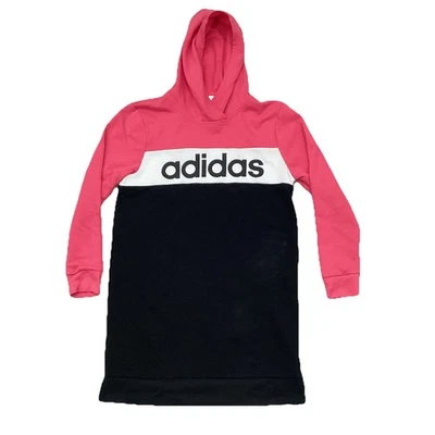 Adidas Kids Girl’s XL (16) Core Hooded Dress Logo Color Block Pink Black AZ4580 - Image 1 of 4