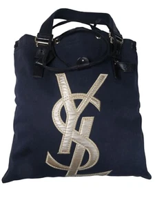 Yves Saint Laurent Navy Blue Shoulder Bag Gold Logo Canvas - Picture 1 of 9