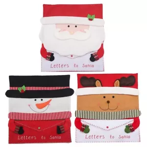 Set of 6 Christmas Chair Covers LETTERS TO SANTA Snowman Reindeer Pockets Back - Picture 1 of 7