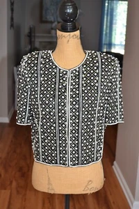 Laurence Kazar 1980's NWT Black white Beaded Pearls short sleeve Silk jacket, PM - Picture 1 of 10