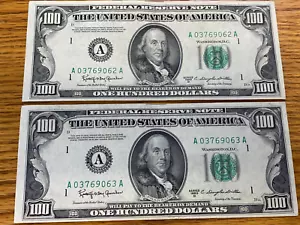 CONSECTUTIVE PAIR OF 1950 D BOSTON $100 FEDERAL RESERVE NOTES A/U-B/U. - Picture 1 of 2