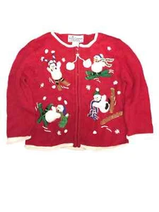 Girls Red Long Sleeve Zip Up Skiing Snowman Ugly Christmas Sweater Holiday Top - Picture 1 of 1