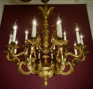 ANTIQUE LARGE FIXTURES BRASS CHANDELIER 18 LIGHTS 2 TIERS LAMP SPANISH Ø 32" - Picture 1 of 7
