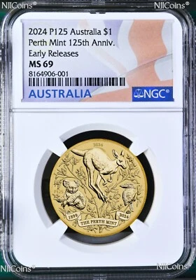 2024 P Perth Mint 125 Anniv. Base Metal Kangaroo/koala/Kooka NGC MS69 $1 Coin ER - Image 1 of 2
