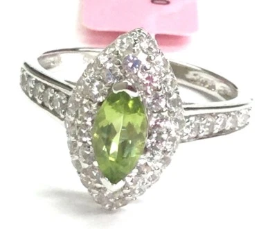 Sterling Silver 925 Marquise Green Peridot CZ Halo Cluster Cocktail Band Ring  - Image 1 of 4