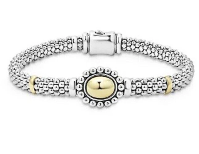 LAGOS 18K Gold Sterling Silver High Bar Oval Dome Bead caviar Link Bracelet 8 L Foto 1 de 4