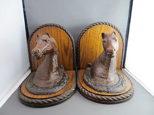 Heavy Vintage Wood Horse Head Bust Horseshoe Rope Western Style Bookends Pair