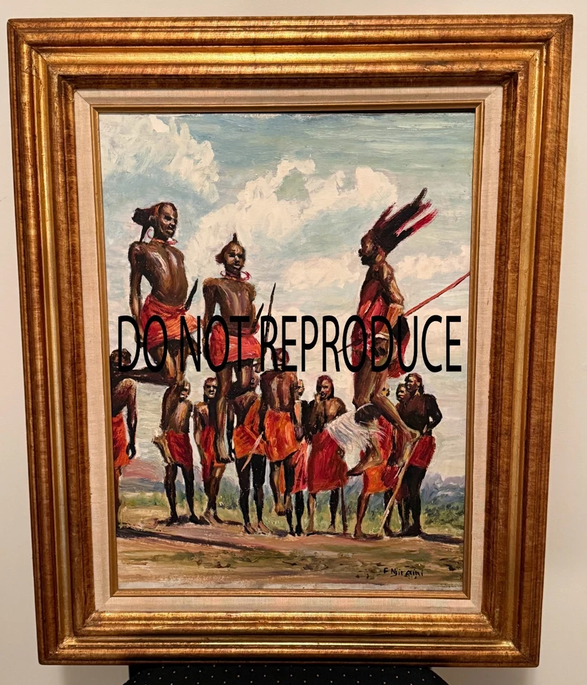 Винтажная картина маслом в рамке африканские воины танцы знаменитые прыжки - Изображение 1 из 1