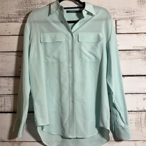 LAUREN RALPH LAUREN 100% Silk Button Down Shirt Sz Small Teal READ/STAIN - Picture 1 of 8
