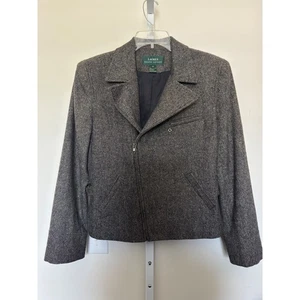 Lauren Ralph Lauren Wool Blazer Boxy Tweed Moto Jacket Womens Sz 10 Brown Zip - Picture 1 of 10