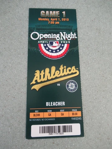 2013 Oakland A’s Opening Day Ticket vs Seattle Mariners Cover