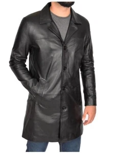 Men's Real Soft Leather 3/4 Length Coat Jet Black Genuine Sheepskin trench coat - Picture 1 of 5