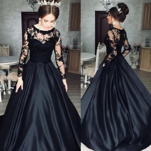 Gothic Black Wedding Dresses Long Sleeves Scoop Neck Lace Appliques Bridal Gowns - Picture 1 of 10