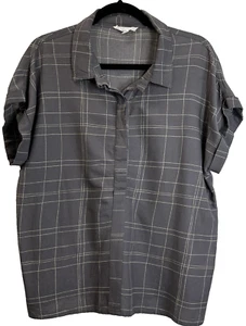 DownEast Top Women’s Sz XL Gray Grid 1/2 Hidden Button Down Cuffed Short SL - Picture 1 of 11