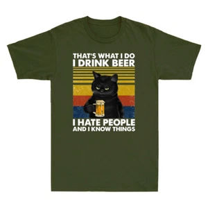 Cat That's What I Do I Drink Beer I Hate People Retro Men's Short Sleeve T-Shirt - Picture 1 of 3
