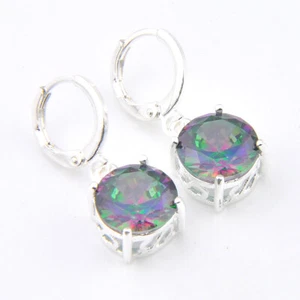 Woman Classic Round Cut Rainbow Mystical Topaz Gemstone Silver Drop Earrings - Picture 1 of 6