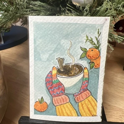 OOPS!  ACEO/ATC Acuarela Acogedora Bebida Invierno Error En La Espalda 2.5x3.5 Original Foto 1 de 2