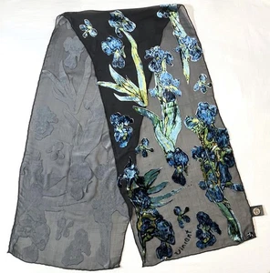 Vintage Cocoon House Black Sheer Floral Cut Velvet Scarf Irises Van Gogh - Imagen 1 de 3