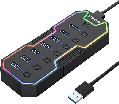 USB 3.0 Hub 7 Ports USB Expander with RGB LED and On/Off Switches Status Light - Image 1 of 4
