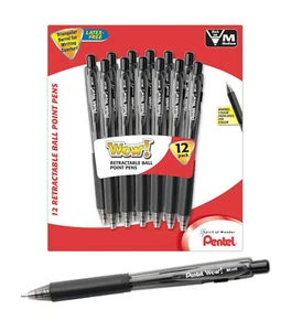 NEW Pentel WOW! Retractable Ballpoint 1.0mm Pens 12-Pack BLACK Ink BK440BP12A - Picture 1 of 2
