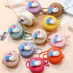 Cartoon Puppy Summer Beach Shoulder Bag Round Kids Coin Purse Cute Woven Bag - Picture 1 of 22