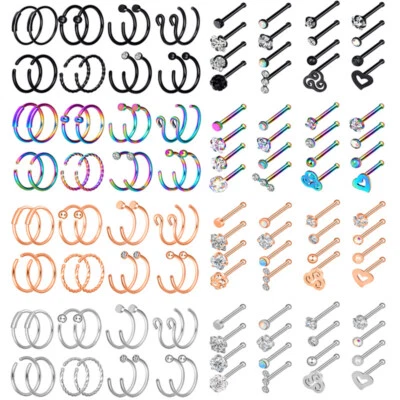 Stainless Steel Nose Rings Set Bone Stud Tragus Cartilage Hoop Body Piercing 20G - Image 1 of 4