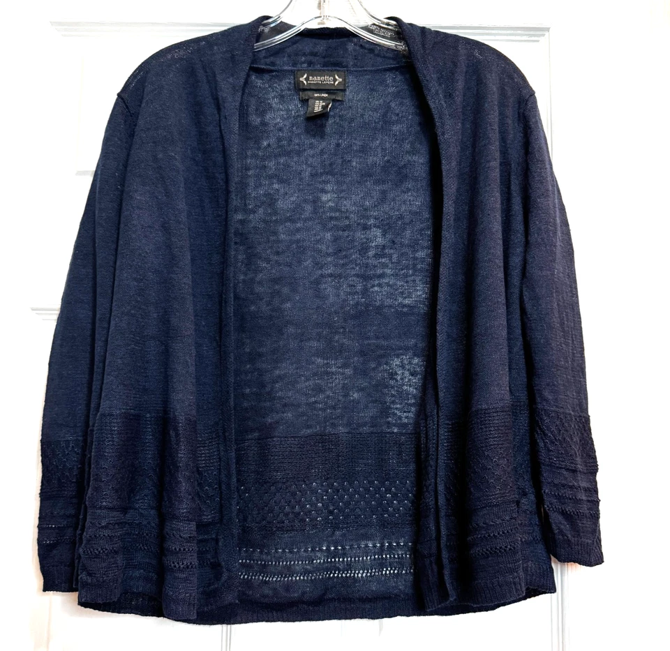 Cárdigan abierto de lino Nanette Lepore azul marino tejido ligero Lagenlook talla mediana Foto 1 de 4