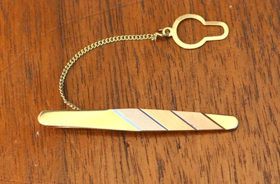 Vintage 750 18K Solid Gold 3-Tone Modern Tie Clip Track w/ Safety Chain 5.97g - Image 1 of 4