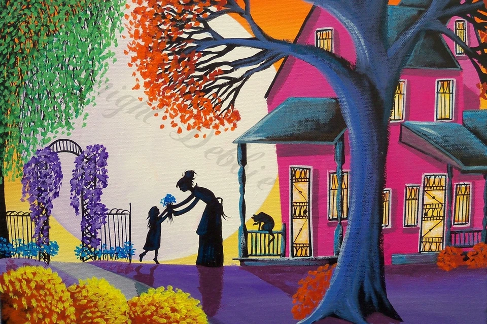 IMPRESSÃO de Pintura Aceo Flores Mãe Filha Jardim Silhueta Assinada Arte Folclórica - Imagem 1 de 1