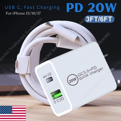 快速充电器 适用于 iPhone 15 16 17 iPad 20W 适配器 PD 编织 USB C - C 型电缆 — 第 1/4 张图片