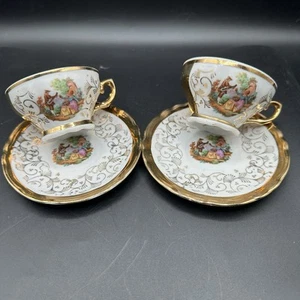 2 Vtg Demitasse Cup Saucer Courting Couple Bavaria Germany Gold Gild Porcelain - Picture 1 of 16