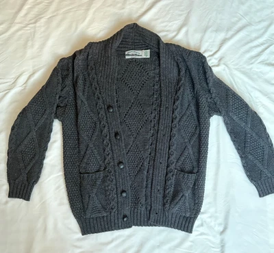 Aran Crafts Sweater Mens Large Gray 100% Merino Wool Cardigan Shawl Collar - Image 1 of 4