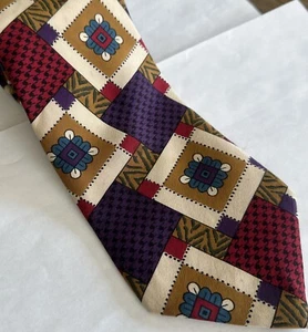 Vtg Italian Silk Necktie Tie Red Purple Hobo Clown Patchwork Herringbone 57"x 4" - Picture 1 of 10