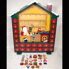 SANTA'S WORKSHOP WOOD ADVENT CALENDAR 24" Christmas mini charm ornaments rare