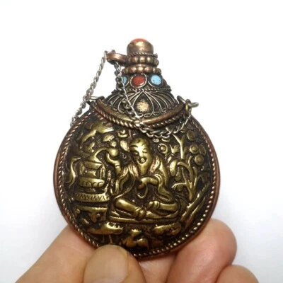 Botellas de tabaco de coral turquesa con incrustación de Buda de bronce del Tíbet chino antiguo de 2,7 pulgadas Foto 1 de 4