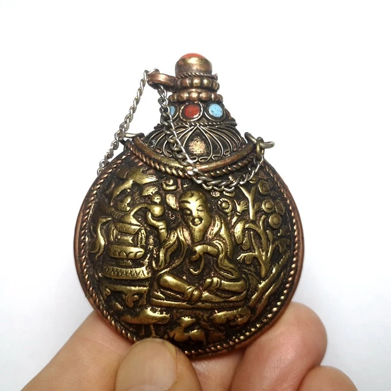 Botellas de tabaco de coral turquesa con incrustación de Buda de bronce del Tíbet chino antiguo de 2,7 pulgadas Foto 1 de 4