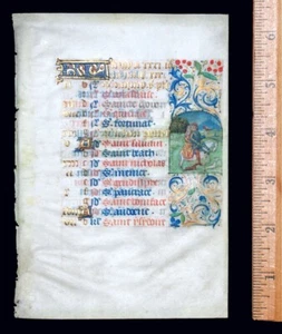 c. 1440 MEDIEVAL ILLUMINATED MANUSCRIPT HOURS LEAF - MAY CALENDAR, 2MINIATURES - Picture 1 of 6