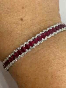 19Ct Oval Cut Red Ruby Diamond Unisex Tennis Bracelet 7.5" 14K White Gold Plated - Picture 1 of 4