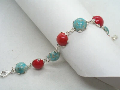 Braccialetto in Argento 925 con Pietre colorate - imitazione corallo turchese - - Immagine 1 di 4