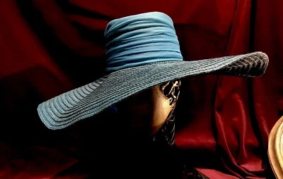 50s 60s 70s Vintage Blue Hat Beach Wide Brim Happy Cappers Straw Wide  Turquoise - Image 1 of 4