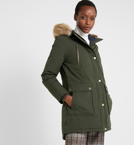 Michael Kors XL giacca cappotto verde edera Missy pelliccia sintetica orlo cappuccio piumino parka