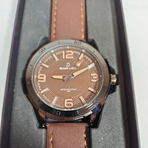 Black Label Genuine Leather WR 30M Quartz Analog Men's Watch New Battery Brown - Picture 1 of 10