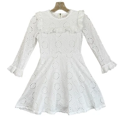 GB Girls White Lace Dress Lined Eyelet Long Sleeve Ruffle Size 12 - Image 1 of 4