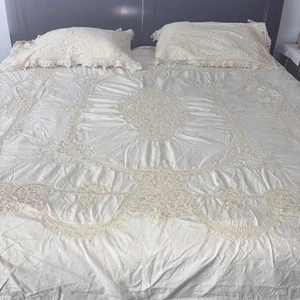 NEW Vintage Hand Battenburg Lace Duvet Cover & Pillowcase Ivory, King 87x102 - Picture 1 of 7